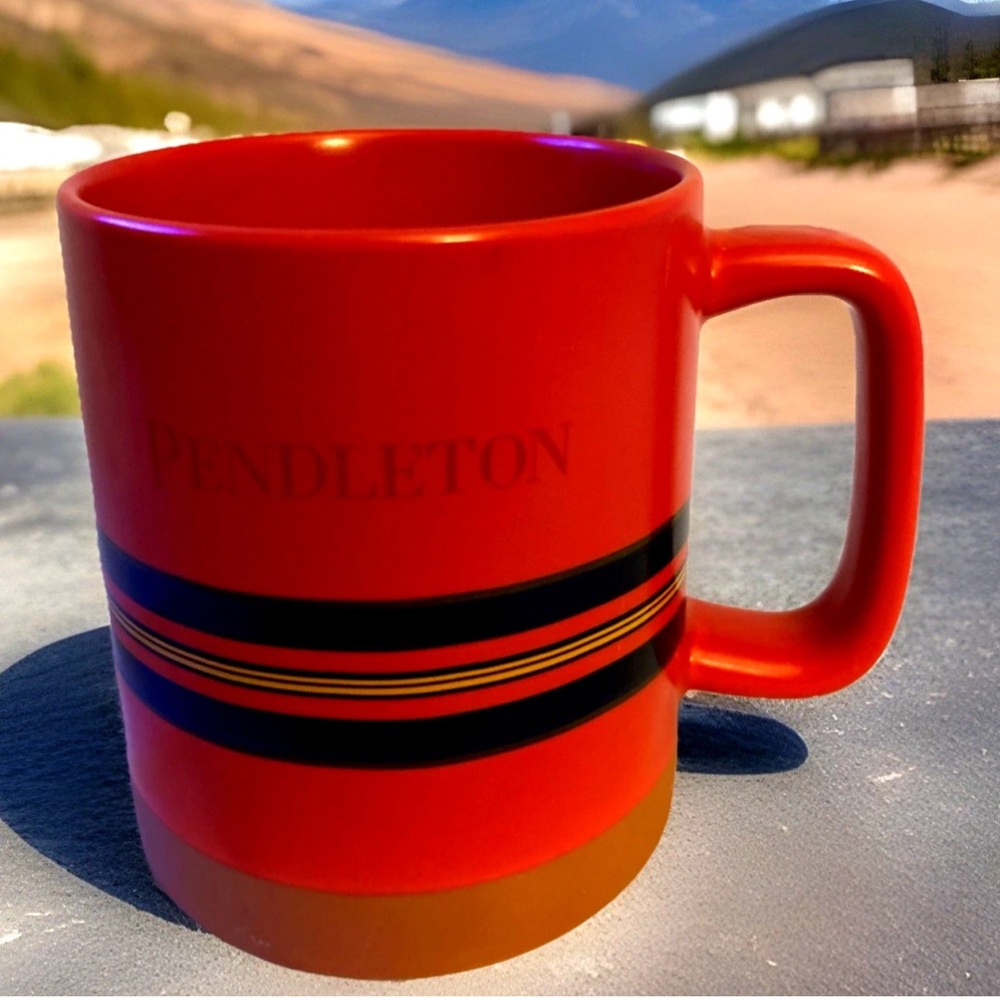 Pendleton Stoneware Coffee Cup Mug 18oz Woolen Mills Red Navy Yellow Stripe Boho